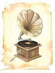 Gramofón, akvarelová ilustrácia pre hudobný zošit, A3, 2022